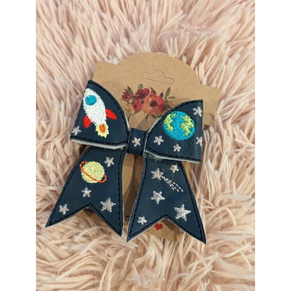 Space themed NASA hair bow barrette embroidered handmade brand new barrette clip